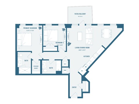 Floor plan for 2 beds, 2 baths, 1088 sqft